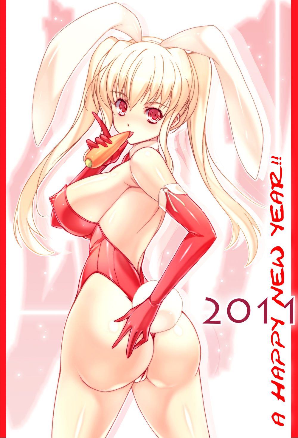 1girls animal_ears ass bare_legs big_ass blonde_hair breasts bunny_ears bunny_tail bunnysuit cameltoe carrot covered_nipples erect_nipples female highres huge_ass huge_breasts impossible_clothes impossible_clothing ishida_hiroyuki long_hair looking_back one-piece_thong original panties partially_visible_vulva red_eyes solo tail thong tied_hair twintails underwear wedgie