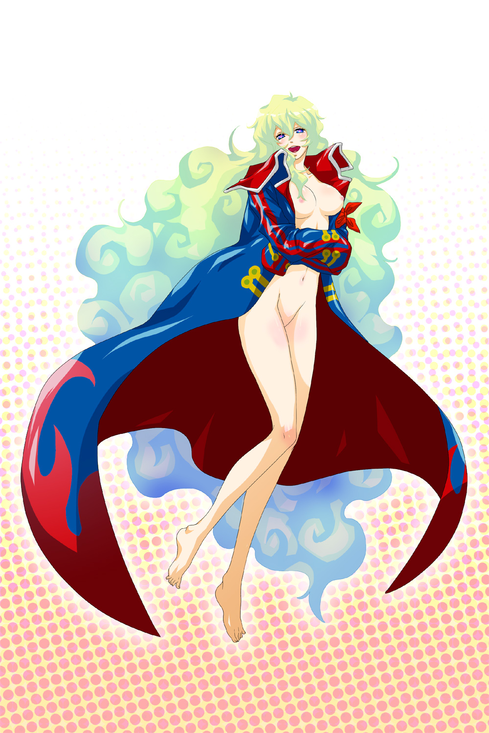 barefoot blue_eyes blue_hair blush breasts cape feet female highres long_hair mound_of_venus multicolored_hair naked_cape namu nia_teppelin nipples no_bra no_panties nude solo tengen_toppa_gurren-lagann tengen_toppa_gurren_lagann very_long_hair