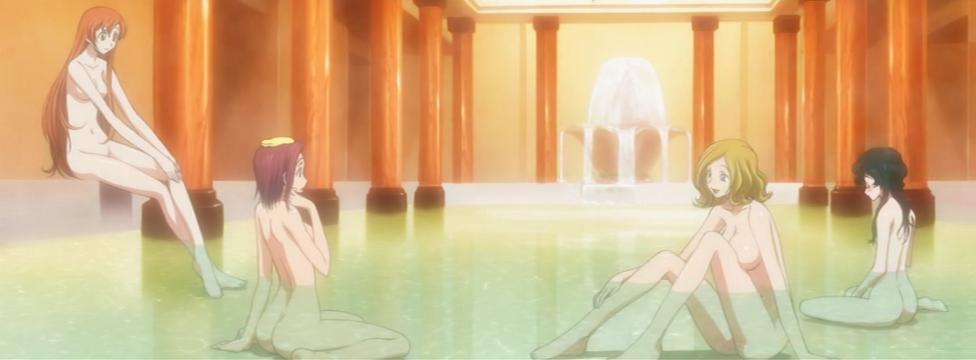 4girls bath bathhouse bathing blonde_hair cap casual code_geass convenient_censoring female female_only human kallen_stadtfeld long_hair milly_ashford multiple_girls nina_einstein nude pale_skin red_hair screencap shirley_fenette short_hair stitched towel towel_on_head