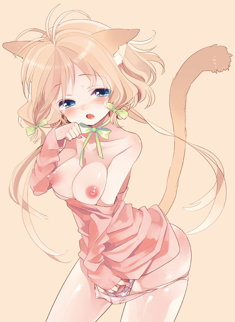 amezawa_koma animal_ears bare_shoulders blonde_hair blue_eyes blush bow breasts cat_ears cat_tail collarbone cover cover_page doujin_cover fangs feline female fingering hairbow hand_in_own_panties hand_in_panties large_breasts masturbation nipples off_shoulder original panties panty_pull pink_panties pussy_juice short_hair solo sweater_dress tail underwear wet_panties