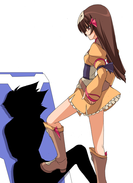 1boy 1girls bootjob boots breasts brown_eyes brown_hair cock_and_ball_torture crotch_stomp feet female footjob groin_kick human light-skinned_female light_skin long_hair re_mii shiikeru shoejob silhouette small_breasts solo tamakeri testicles zoids zoids_genesis