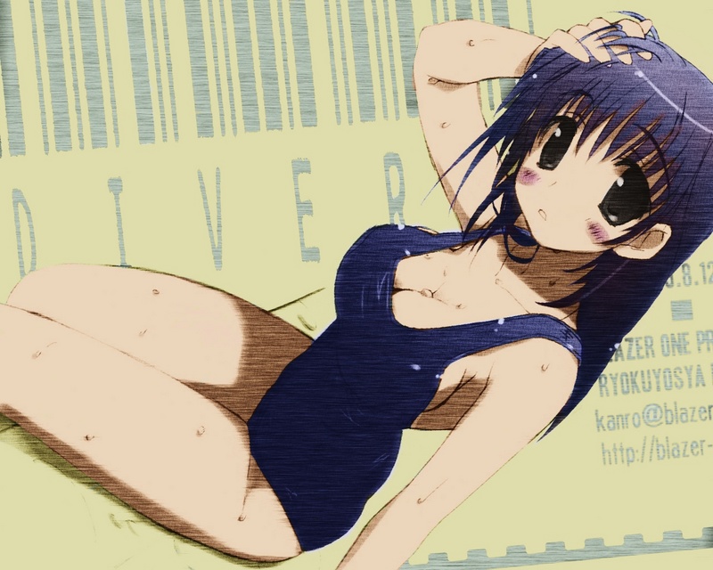 black_eyes blue_hair blush breasts chair cleavage female long_hair mitsumi_misato one-piece_swimsuit school_swimsuit swimsuit wet