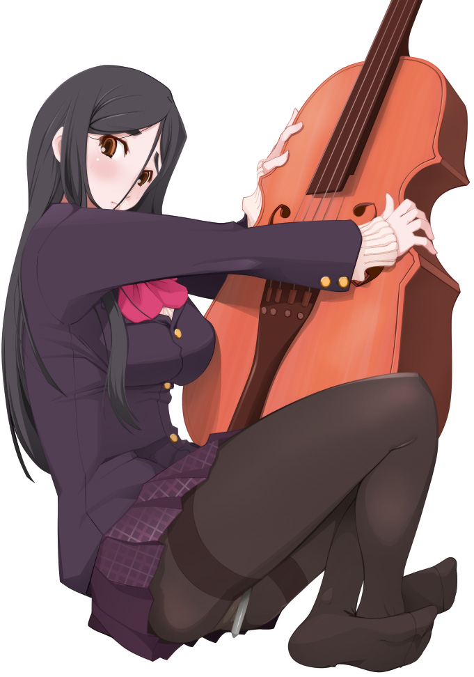 black_hair black_legwear black_pantyhose blush brown_eyes cameltoe cello feet female instrument miito_shido orange_eyes original pantyhose school_uniform seifuku serafuku skirt unio5b