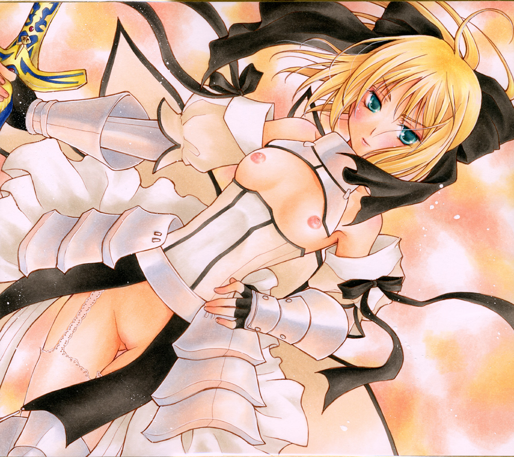 armor armored_dress artoria_pendragon artoria_pendragon_(lily) bare_shoulders black_ribbon blonde_hair blush breastless_clothes breastless_clothing breasts capcom colored_pencil_(medium) dress exposed_breasts exposed_pussy fate/grand_order fate/unlimited_codes fate_(series) faulds female gauntlets green_eyes hair_ribbon marker_(medium) nipples no_bra no_panties oldschool pastel_(medium) pink_legwear pink_thighhighs ponytail pussy ribbon shikishi solo sword thigh_gap thighhighs thighs tied_hair traditional_media uncensored vambraces weapon yukaxcat