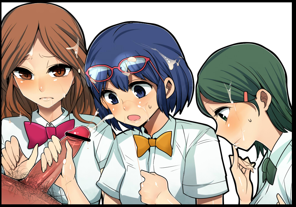 1boy 3girls after_handjob after_oral black_border blue_eyes blue_hair brown_eyes brown_hair censored clothed clothed_female_nude_male cum cum_on_clothes cum_on_face cum_on_glasses cum_on_hair erection facial female foursome glasses gojou_masaru green_eyes green_hair handjob human inazuma_eleven inazuma_eleven_(series) kino_aki long_hair looking_at_viewer male multiple_girls nakasone_haiji nude open_mouth oral otonashi_haruna penis penis_awe pinky_out pubic_hair raimon_natsumi ribbon shirt short_hair straight sweatdrop tongue unseen_male_face white_background