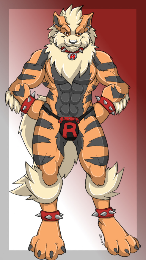 1boy abs animal_ears anthro arcanine bulge canine chest chest_tuft claws collar earrings feet fur furry jax_the_bat jewelry lingerie looking_at_viewer male male_only muscles nail nipples orange_body orange_fur pokemon pokemon_(species) pose red_eyes skimpy solo tail underwear wristband