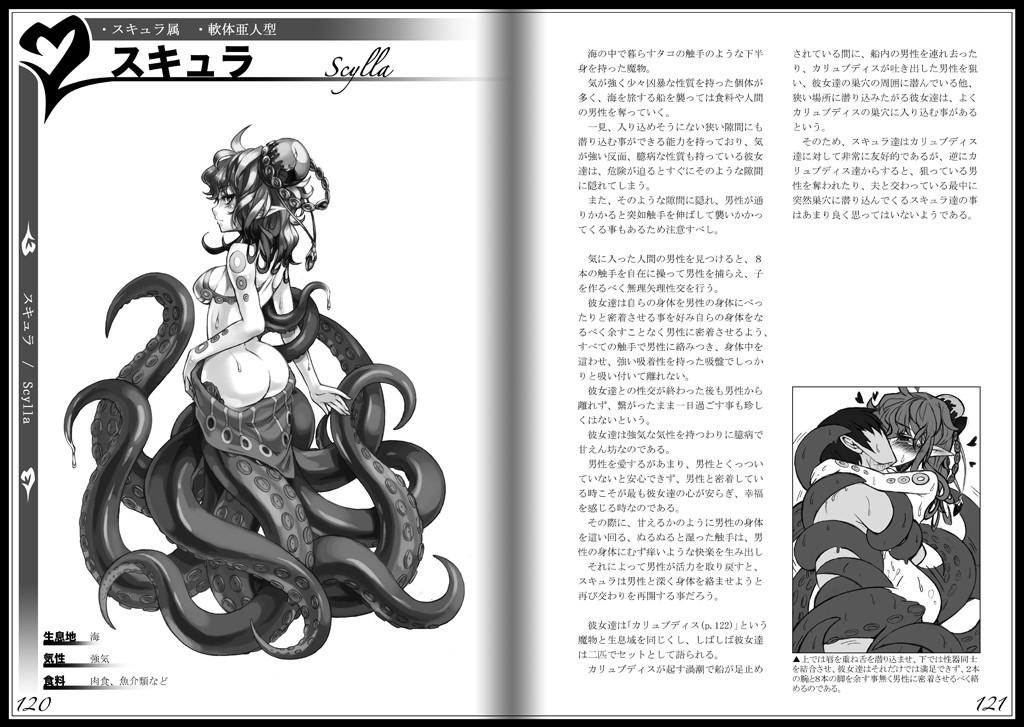 1girls character_profile female japanese_text kenkou_cross mamono_girl_lover monochrome monster_girl monster_girl_encyclopedia monster_girl_profile scylla scylla_(mamono_girl_lover) tentacle tentacle_girl tentacle_on_male text translation_request