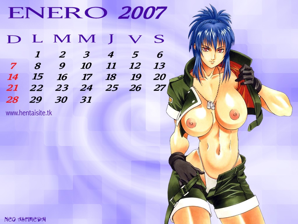 2007 abs army blue_hair breasts calendar calendar_(medium) crop_top dog_tags enary female female_only gloves highleg highleg_panties human jacket january_(month) jewelry king_of_fighters large_breasts leona_heidern military military_uniform momoi_nanabei muscle navel necklace nipples no_bra open_clothes open_fly open_shirt panties ponytail red_eyes shirt short_hair shorts snk solo spanish_text standing tied_hair underwear undressing uniform unzipped wallpaper watermark white_panties