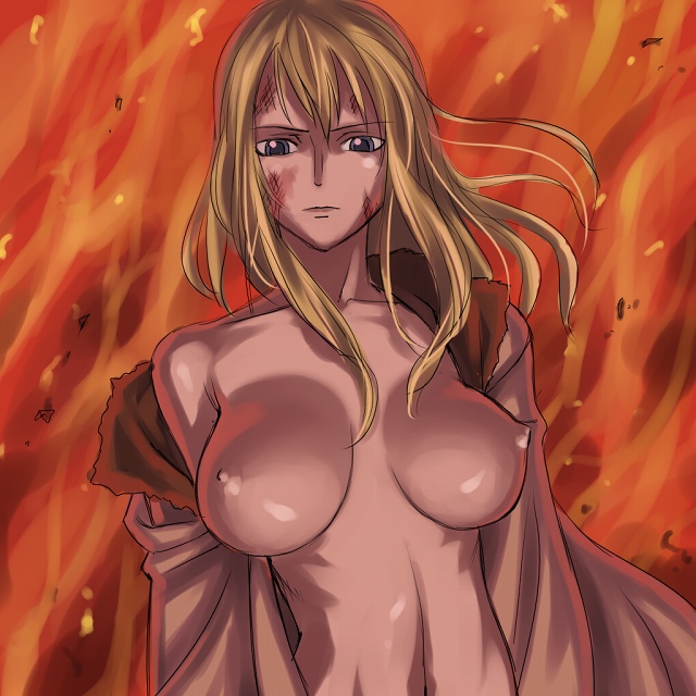 blonde_hair breasts female female_only fire flame huge_breasts milf mosha nico_olvia nude one_piece open_clothes open_shirt orange_background shirt solo straight_hair