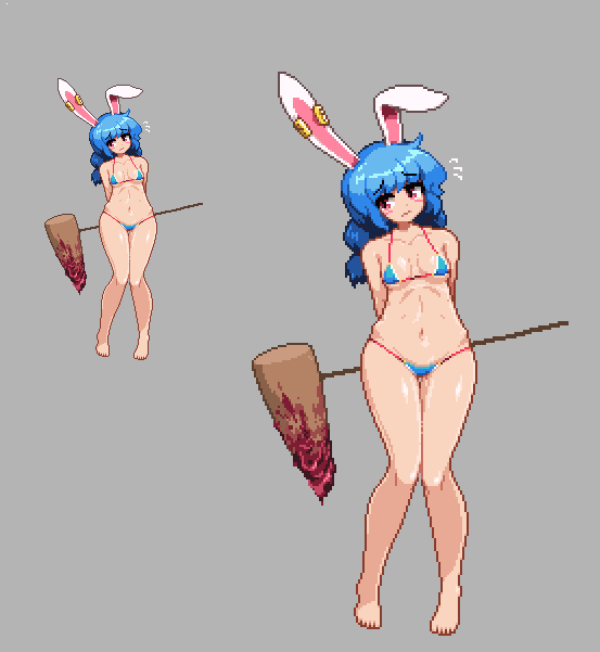 2d bikini blood blue_hair bunny_ears hammer micro_bikini pixel_art rabbit_ears red_eyes seiran_(touhou) takorin touhou