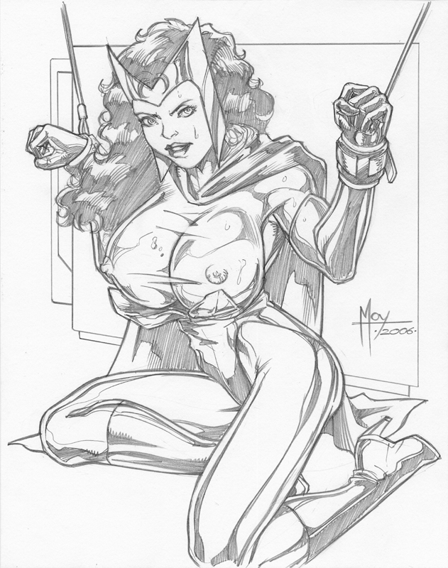 2006 avengers bondage female female_only human jeff_moy marvel marvel_comics monochrome nipples scarlet_witch solo straight_hair tagme wanda_maximoff x-men