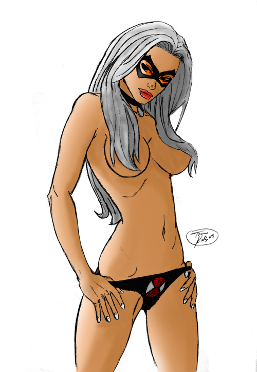 1girls 2005 artist_request black_cat_(marvel) breasts choker domino_mask felicia_hardy female female_only hair_covering_breasts human lips marvel marvel_comics mask orange_lenses panties solo spider-man_(series) straight_hair ultimate_black_cat ultimate_spider-man white_hair