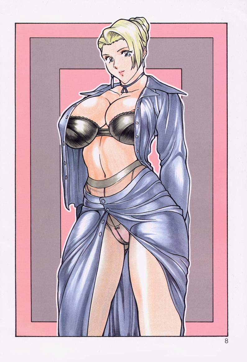 blonde_hair blue_eyes bra breasts collarbone curvy earrings female female_only hair hips huge_breasts human jewelry king_of_fighters lingerie lips mature_(kof) navel open_clothes open_shirt panties panties_under_pantyhose pantyhose rippadou shirt snk solo thighs unbuttoned underwear wide_hips