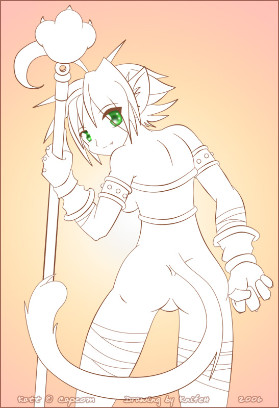 ahoge animal_ears animal_humanoid armband bandage bandages breath_of_fire breath_of_fire_ii capcom cat_ears cat_humanoid catgirl game gloves green_eyes humanoid katt no_panties rinpoo_chuan short_hair