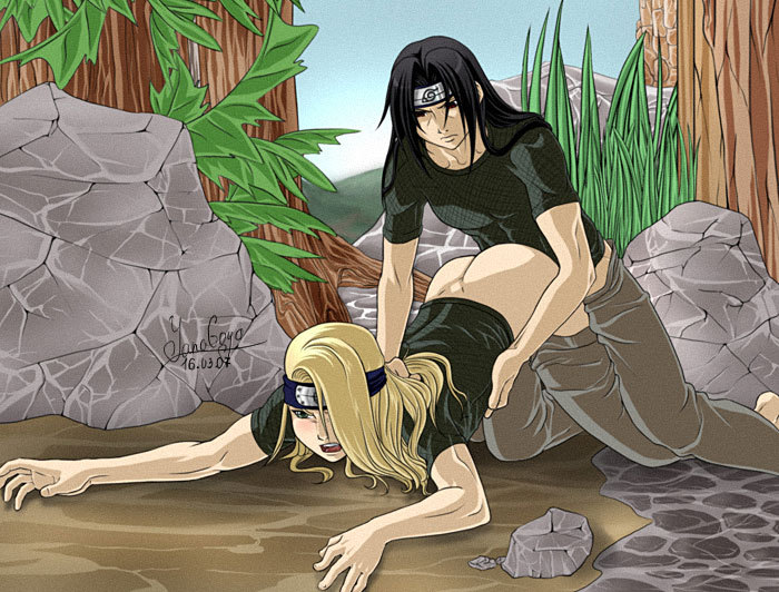 2boys anal bent_over black_hair blonde_hair deidara doggy_style femboy gay male male_only multiple_boys naruto outdoors sex straight_hair trap uchiha_itachi yanagoya yaoi