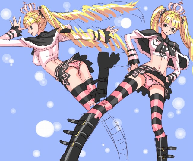 1girls, alternate legwear, blonde hair, blonde-haired female, boots, clothing, crown, drill hair, female, female only, gothic lolita, hands on hips, jumping, long hair, midriff, mosha, navel, one piece, panties, pantyshot, perona, pink panties, skirt, skirt lift, smile, straight hair, striped, striped legwear, striped thighhighs, thighhighs, tied hair, tight shirt, twintails, underwear, zettai ryouiki