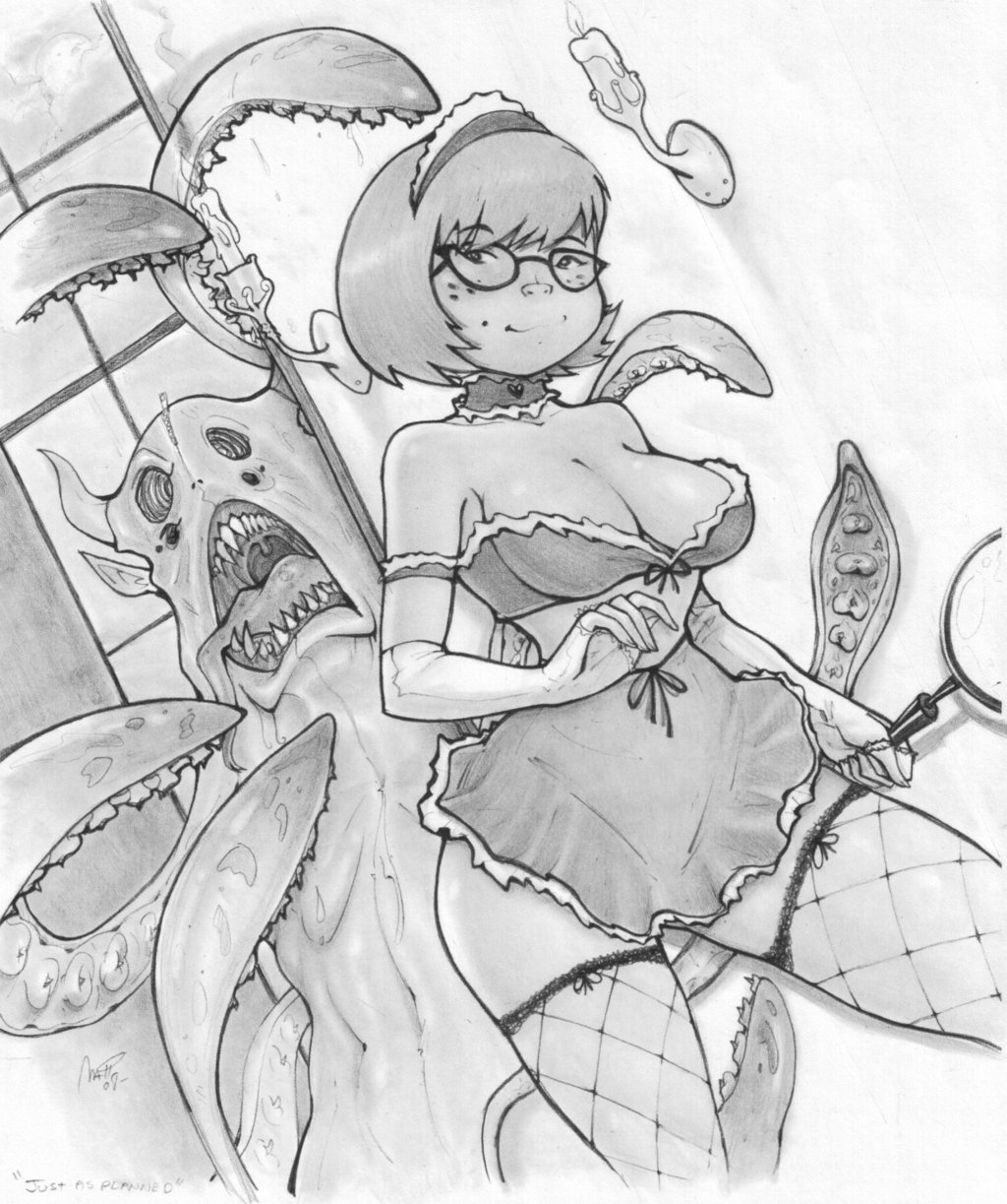 1girls breasts cleavage fluffy_(artist) freckles glasses hanna-barbera imminent_rape large_breasts maid matt_smith monochrome monster scooby-doo spartacus13 velma_dinkley