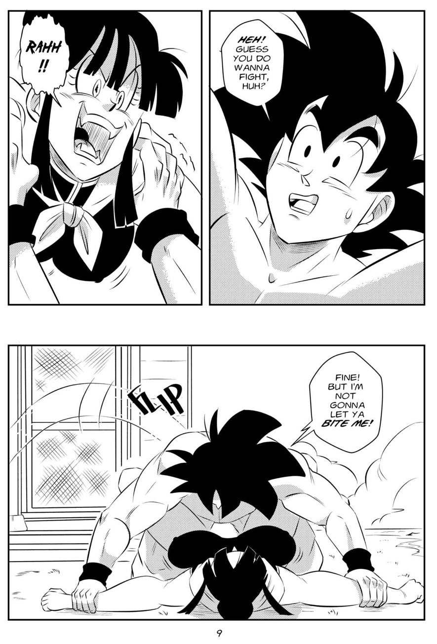 1boy 1girls big_breasts black_and_white breasts chichi comic dragon_ball dragon_ball_super dragon_ball_z funsexydragonball grabbing_wrists monochrome muscular_male page_9 sharp_teeth son_goku sweatdrop