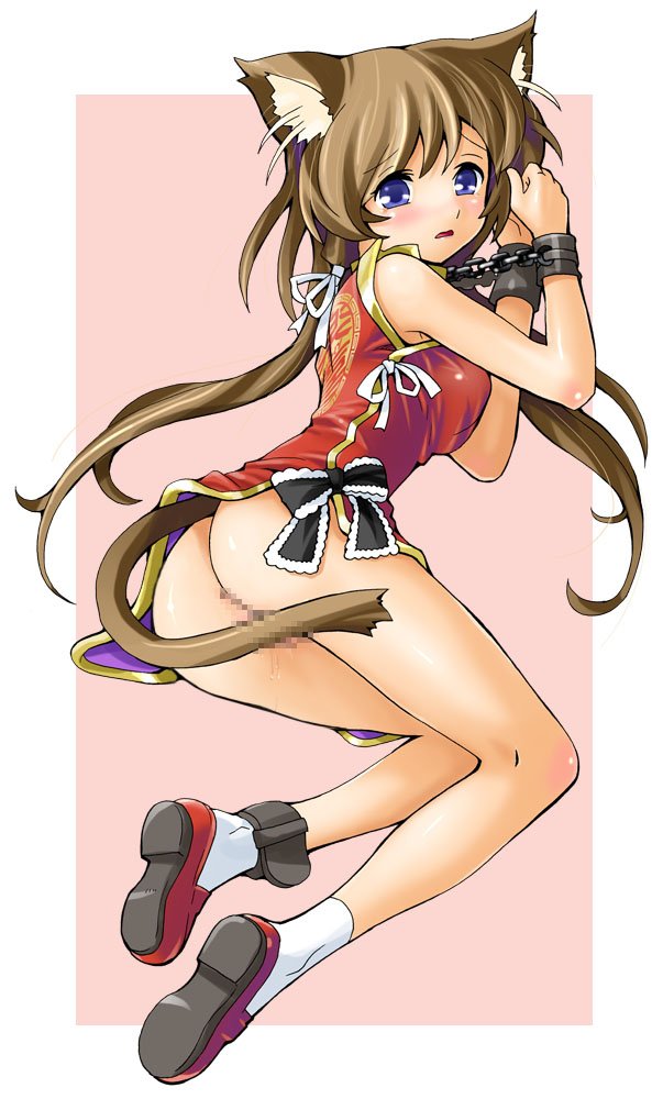 animal_ears ankle_cuffs anklet ass blush bondage bondage brown_hair censored chains chains china_dress chinadress chinese_clothes cuffs female footwear jewelry katahira_masashi long_hair no_panties original pussy_juice socks solo tail