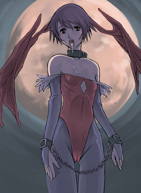 bare_shoulders bondage capcom chains clothing collar cum cum_in_mouth darkstalkers demon_girl female flat_chest g-room_honten head_wings headwings lilith_aensland moon pantyhose print_pantyhose purple_hair purple_legwear purple_pantyhose ribs short_hair slave succubus