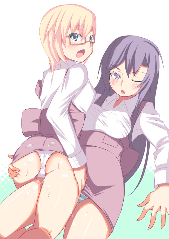 2girls ass ass_grab blush crotch_rub cum female glasses johnny_funamushi multiple_girls original panties pantyshot pussy_juice skirt underwear yuri