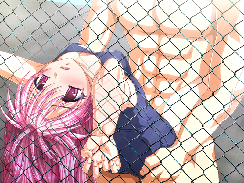 1boy blush female grate kichiku_nakadashi_suieibu pink_eyes pink_hair sex swimsuit