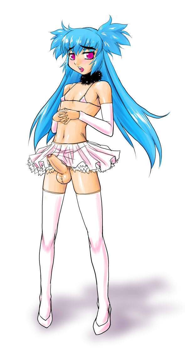 androgynous blue_hair blush crossdressing crossdressing erection katou_jun long_hair open_mouth penis pink_eyes skirt testicles trap white_legwear white_thighhighs