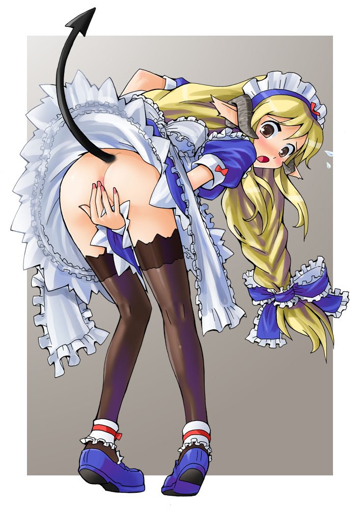 ankle_cuffs anus ass back bent_over blonde_hair blush bow braid brown_eyes covering covering_crotch demon_tail embarrassed female frills from_behind hairbow horns katahira_masashi long_hair looking_back maid maid_headdress no_panties open_mouth original pointy_ears solo tail thighhighs twin_braids very_long_hair