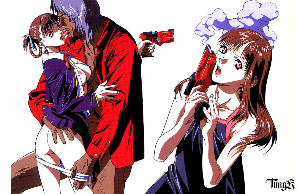 1boy 1girls 2d 2d_(artwork) 90s age_difference akai_(kite) artbook ass ass_grab breasts brown_hair earrings female female_human groping gun handgun hands hetero hi_res highres human jewelry kite_(anime) male male/female male_human official_art older_man_and_younger_girl panties panty_pull pistol purple_hair red_eyes sawa_(kite) scan size_difference skin_tone_difference tongue umetsu_yasuomi underwear undressing_another weapon