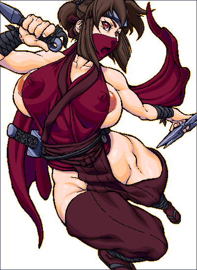 areola areola_slip breasts copyright_request dagger erect_nipples female huge_areolae huge_breasts kunoichi large_breasts mask muscular_female ninja nipples no_bra pale_skin puffy_areola see-through sideboob small_waist solo sword thighhighs weapon wotsukuri