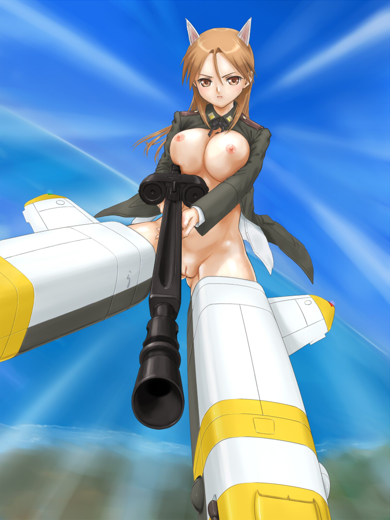 animal_ears breasts brown_eyes brown_hair clothing flying gun innie_pussy large_breasts long_hair mecha midair minna-dietlinde_wilcke nipples no_panties open_clothes open_shirt pussy rasukaru rasukaru_(pixiv74058) rifle shirt strike_witches uncensored weapon