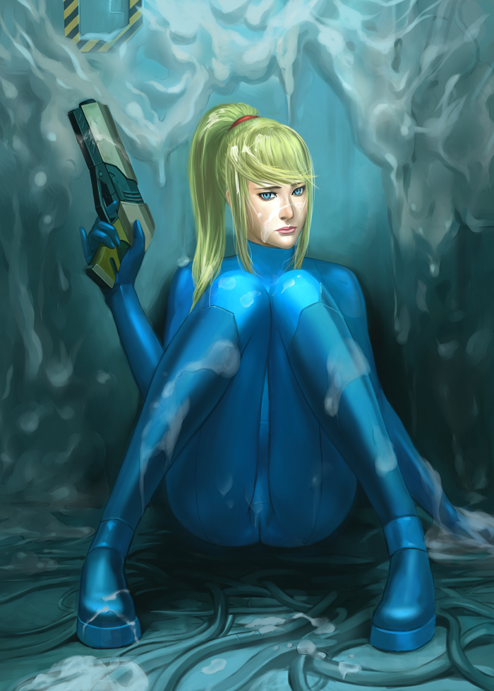 blonde_hair blue_eyes bodysuit bukkake cum female female_only fetishy fully_clothed human metroid nintendo plugsuit ponytail samus_aran shiny_clothes sitting skin_tight solo suggestive_fluid tied_hair tight_clothing zero_suit zero_suit_samus