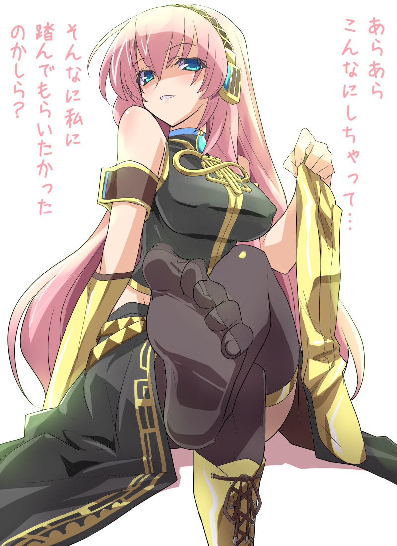 blue_eyes boots crossed_legs eeeeee feet feet_out_front female femdom footjob knee_boots legs_crossed long_hair megurine_luka one_shoe pink_hair pov_feet presenting_feet sheer_legwear single_shoe sitting solo thighhighs translated very_long_hair vocaloid