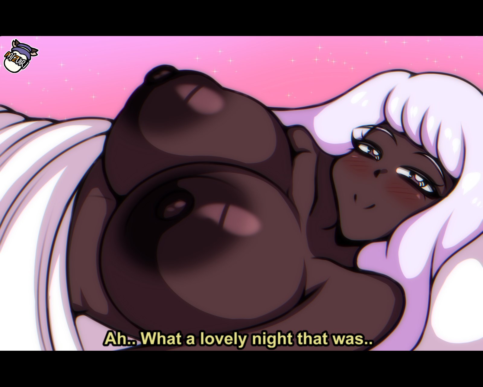 1girls, after sex, big ass, big breasts, blush, breasts, dark skin, dark-skinned female, female, female only, huge breasts, jacinthe (pokemon), long hair, looking at viewer, lying, morning after, nintendo, paizuiri (artist), pokemon, pokemon legends: z-a, pov, purple hair, smile, solo, tagme, upper body, yukari (pokemon)