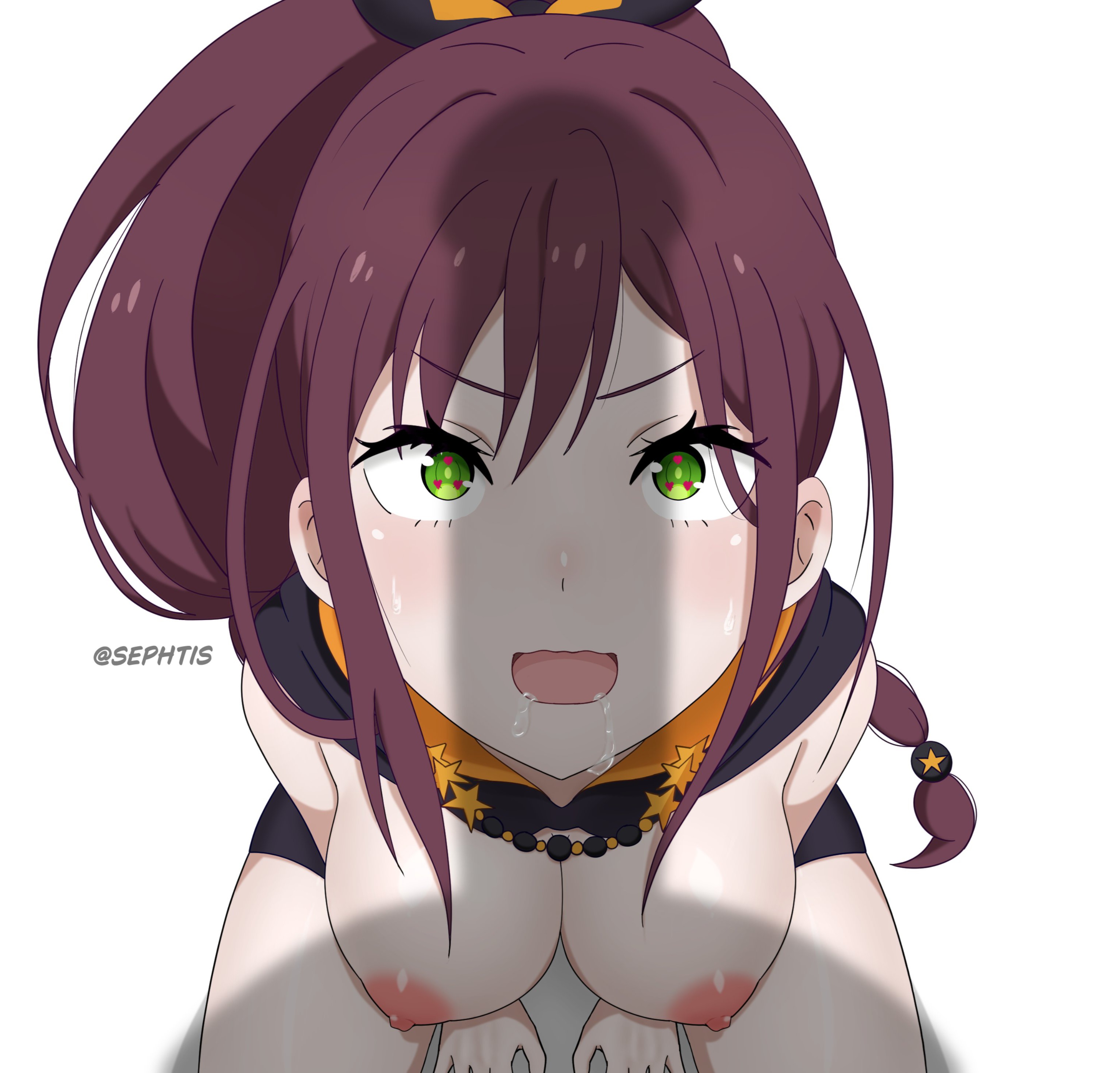 1girls, amazed, anime girl, breasts, breasts out, brown hair, drool, drool string, drooling, from above, green eyes, horny female, long hair, multiple pupils, nipples, penis shadow, re:zero kara hajimeru isekai seikatsu, red pupils, sephtis, shadow penis, shaula (re:zero), tied hair, wanting cock, wanting cum, wanting to suck