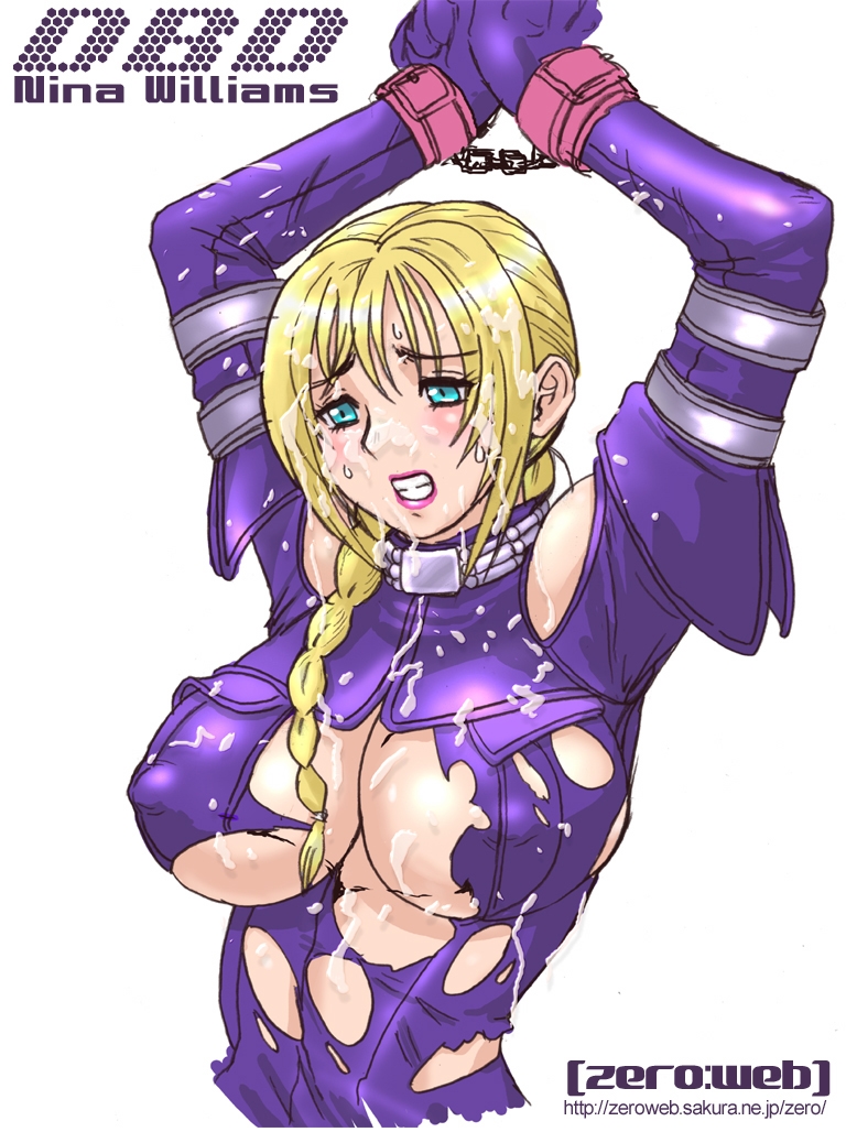 blonde_hair blue_eyes bondage braid breasts choker cuffs cum death_by_degrees defeated erect_nipples handcuffs helpless lipstick makeup nina_williams restrained tekken torn_clothes zero_hime