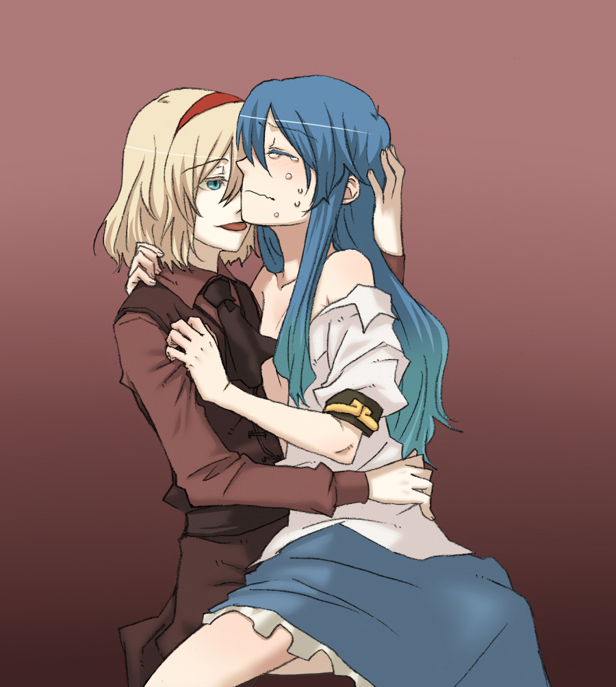 2girls alice_margatroid bare_shoulders blonde_hair blue_eyes blue_hair blush closed_eyes clothes_grab cowgirl_position crying female flat_chest frottage hairband hand_on_another's_head hand_on_head hug imminent_kiss licking long_hair moaning multiple_girls naked_shirt naughty_face necktie open_clothes open_shirt short_hair straddling tears tenshi_hinanawi tongue torinone touhou vest wavy_mouth yuri