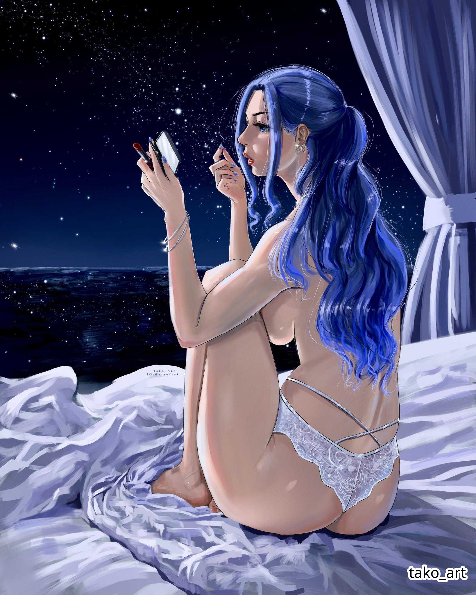 1girls, 2d, 2d (artwork), 2d artwork, adult, adult female, almost naked, almost nude, alternate eye color, artistic, artistic nude, artistic nudity, ass, ass cleavage, ass crack, back, backboob, big breasts, blue eyebrows, blue eyes, blue fingernails, blue hair, blue nail polish, blue nails, blue-eyed female, blue-haired female, bracelet, breasts, busty, busty female, busty girl, calves, digital, digital art, digital drawing, digital drawing (artwork), digital media, digital media (artwork), drawing, earrings, elbows, feet, female, female focus, female only, fingernails, fingers, full body, half updo, high resolution, highres, inframammary fold, knees, lace panties, lace underwear, laced panties, laced underwear, large boobs, large breasts, lean figure, legs, lips, lipstick, long hair, looking sideways, looking to the side, mature, mature female, median furrow, mirror, mostly nude, nail polish, nails, naked, naked female, naked woman, narrow waist, nearly nude, nefertari vivi, night, night background, night sky, night time, nude, nude female, nudity, one piece, panties, post-timeskip, practically nude, princess, profile, red lips, red lipstick, royalty, shoulders, shueisha, sideboob, sitting, sitting on ass, sitting on bed, slender body, slender waist, slim female, slim waist, solo, starry background, starry sky, stars, tako art, thick ass, thick butt, thick thighs, thighs, topless, topless female, underwear, wavy hair, white panties, white underwear