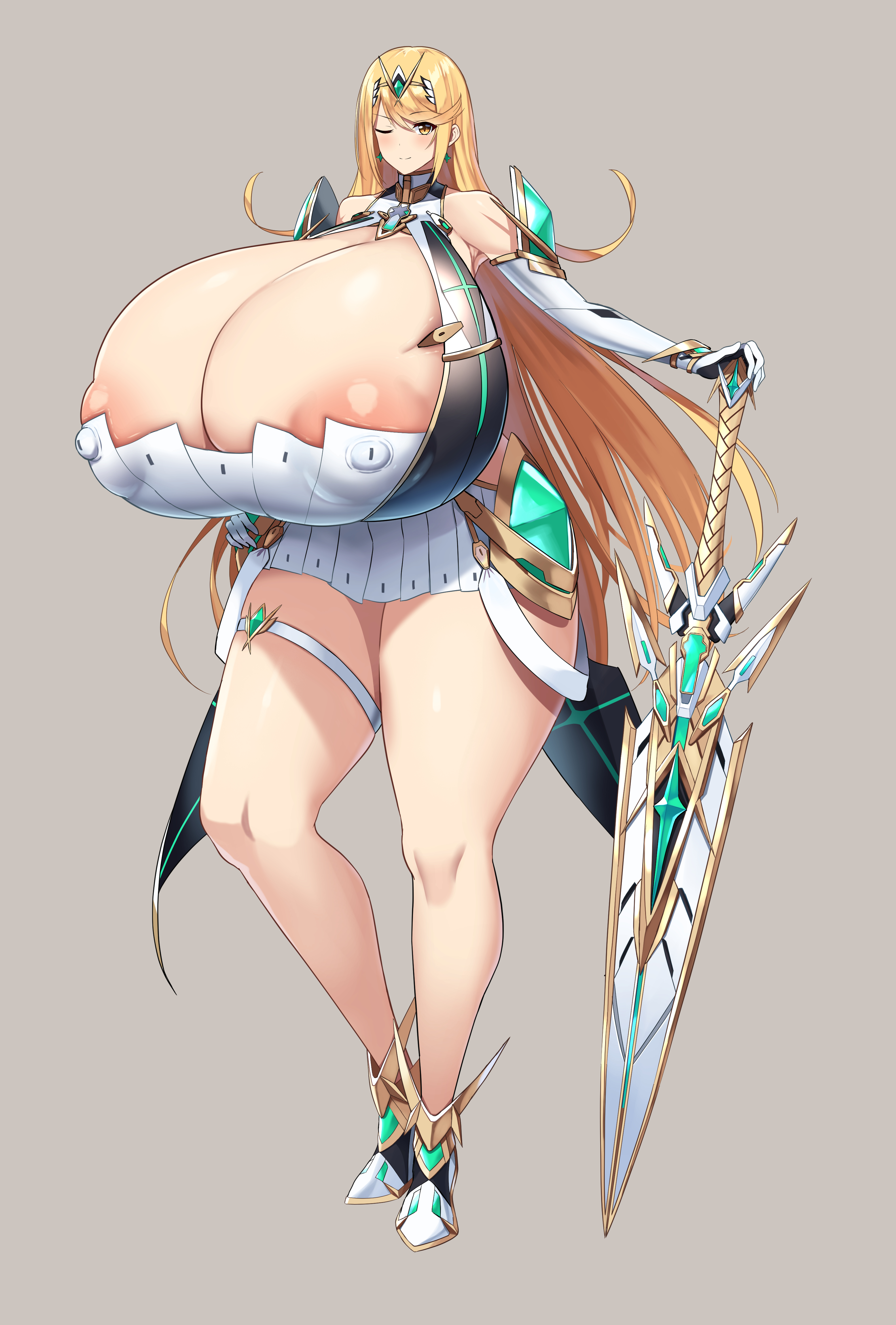 1girls, big nipples, breast expansion, breast growth, breast growth (enlargement), breasts, breasts bigger than head, bursting breasts, clothed, cowboy shot, daien (daien418), female, female only, gigantic breasts, long hair, looking at viewer, monolith soft, mythra, nintendo, nipples, solo, solo female, top heavy, xenoblade (series)