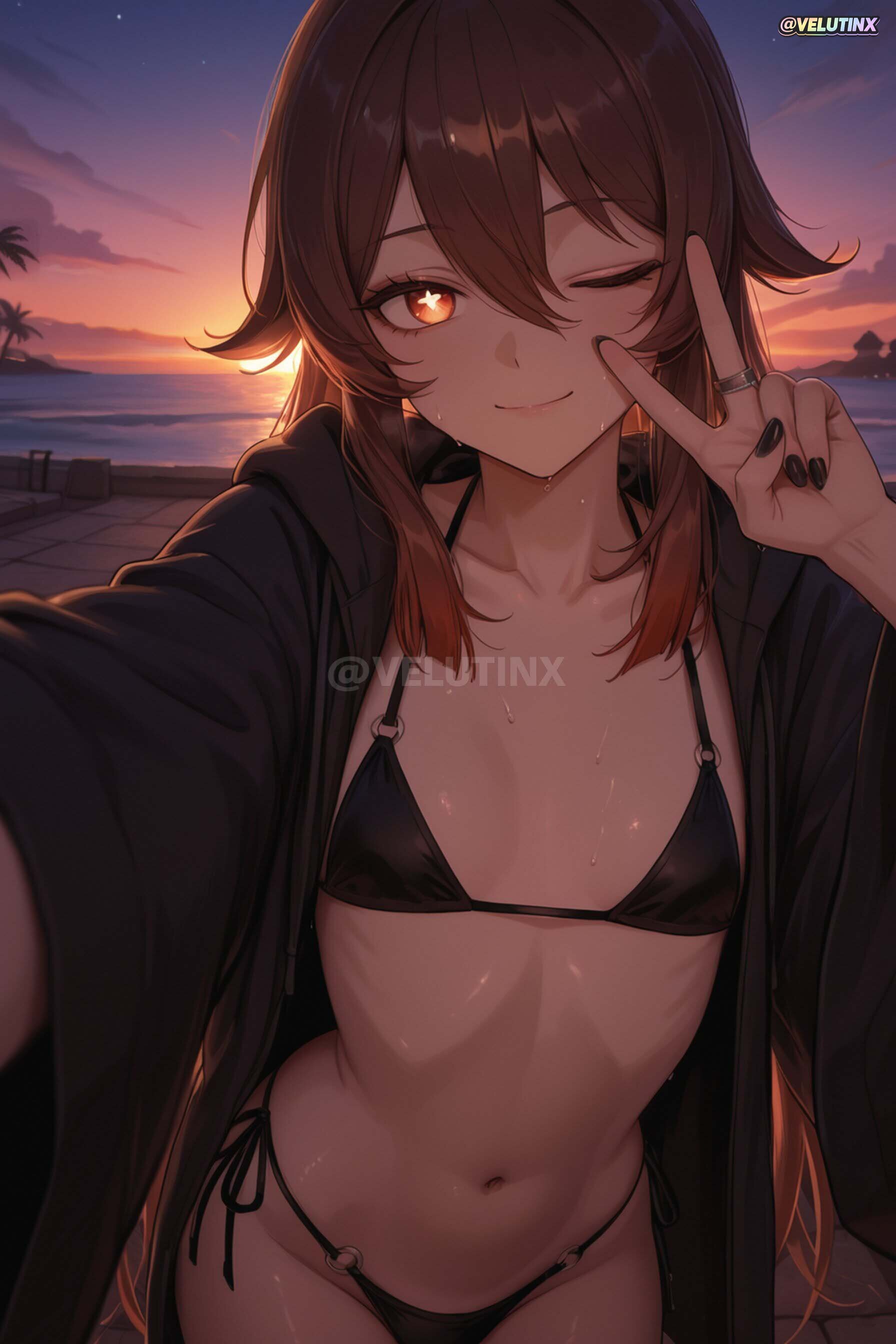 ai generated, androgynous, bangs, beach, big ass, bikini, black bikini, black jacket, black nails, blush, breasts, brown hair, closed mouth, collarbone, cowboy shot, curvy, curvy figure, femboy, femboy focus, femboysub, feminine body, feminine faced male, feminine male, feminine pose, feminization, flat chest, flower-shaped pupils, genderswap (ftm), genderswap (mtf), genshin impact, hair between eyes, halterneck, heavy breathing, hu tao (genshin impact), jacket, jewelry, long hair, long sleeves, looking at viewer, male focus, nail polish, navel, o-ring, o-ring bikini, ocean, one eye closed, open clothes, open jacket, otoko no ko, outdoors, paid reward available, red eyes, ring, selfie, side-tie bikini bottom, sidelocks, sissy, sky, small breasts, smile, solo, star-shaped pupils, stomach, string bikini, sunset, sweat, sweatdrop, sweating, sweaty, sweaty body, swimsuit, symbol-shaped pupils, thick thighs, thighs, tiny male, trap, twink, twintails, v, velutinx, very long hair, watermark, wet, wet skin, wide hips