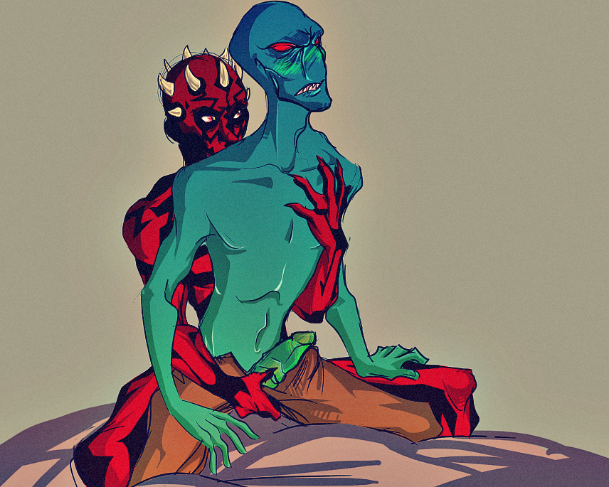 2boys alien alien_humanoid alien_only alien_penis bed bedding blue_skin blush bottomwear brown_body cad_bane clone_wars clothed clothing darth_maul digital_media_(artwork) duo duros erection facial_tattoo fictional_interracial flush fondling from_behind_position full_body_tattoo gay groping groping_from_behind hand_on_chest hand_on_crotch hand_on_leg handjob hands_on_legs horn hugging hugging_from_behind humanoid interspecies kneeling male male/male male_on_male male_only muscular muscular_male nude on_bed open_pants pants parted_lips penis penis_out red_eyes red_skin sex simple_background star_wars tattoo teaspoons_position teeth teeth_clenched testicle_grab topless unusual_penis yaoi yellow_eyes zabrak