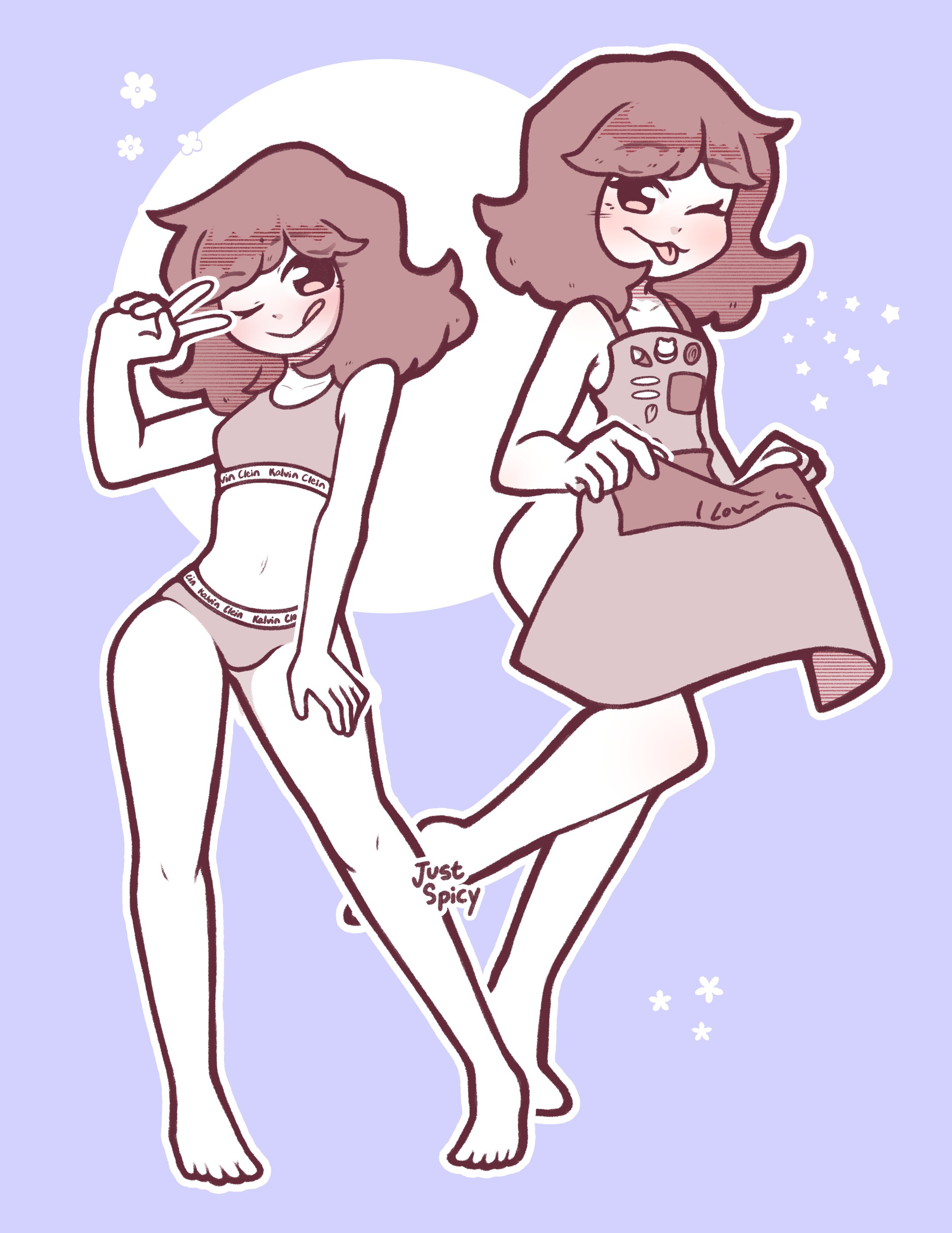 1girls, 2d, calvin klein, female, female only, human, human female, human only, justspicy, looking at viewer, mishy (justspicy), monochrome, naked apron, peace sign, simple background, small breasts, smile, smiling at viewer, smug, solo, underwear, wink