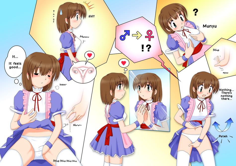 1girls blush breast_grab breasts brown_hair closed_eyes clothing comic cross_section dress fallopian_tubes female female_only fingering gender_transformation grabbing_own_breast green_eyes hand_in_panties maid maid_uniform masturbation mtf_transformation ovaries panties pisipisi rule_63 short_hair skirt skirt_lift small_breasts spread_legs transformation translated underwear uniform uterus white_panties x-ray