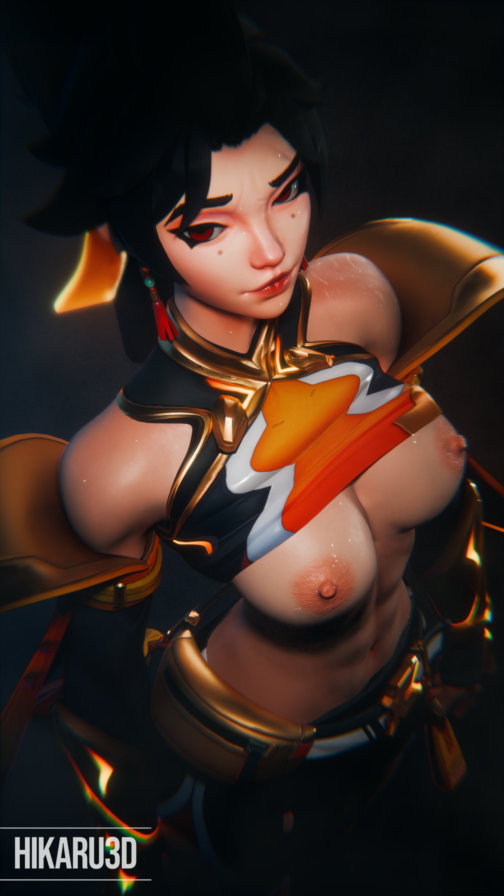 1girls, 3d, abs, anran, asian, asian female, black hair, blizzard entertainment, breasts, female, flashing, hikaru3d, nipples, overwatch, red eyes, solo, sweat