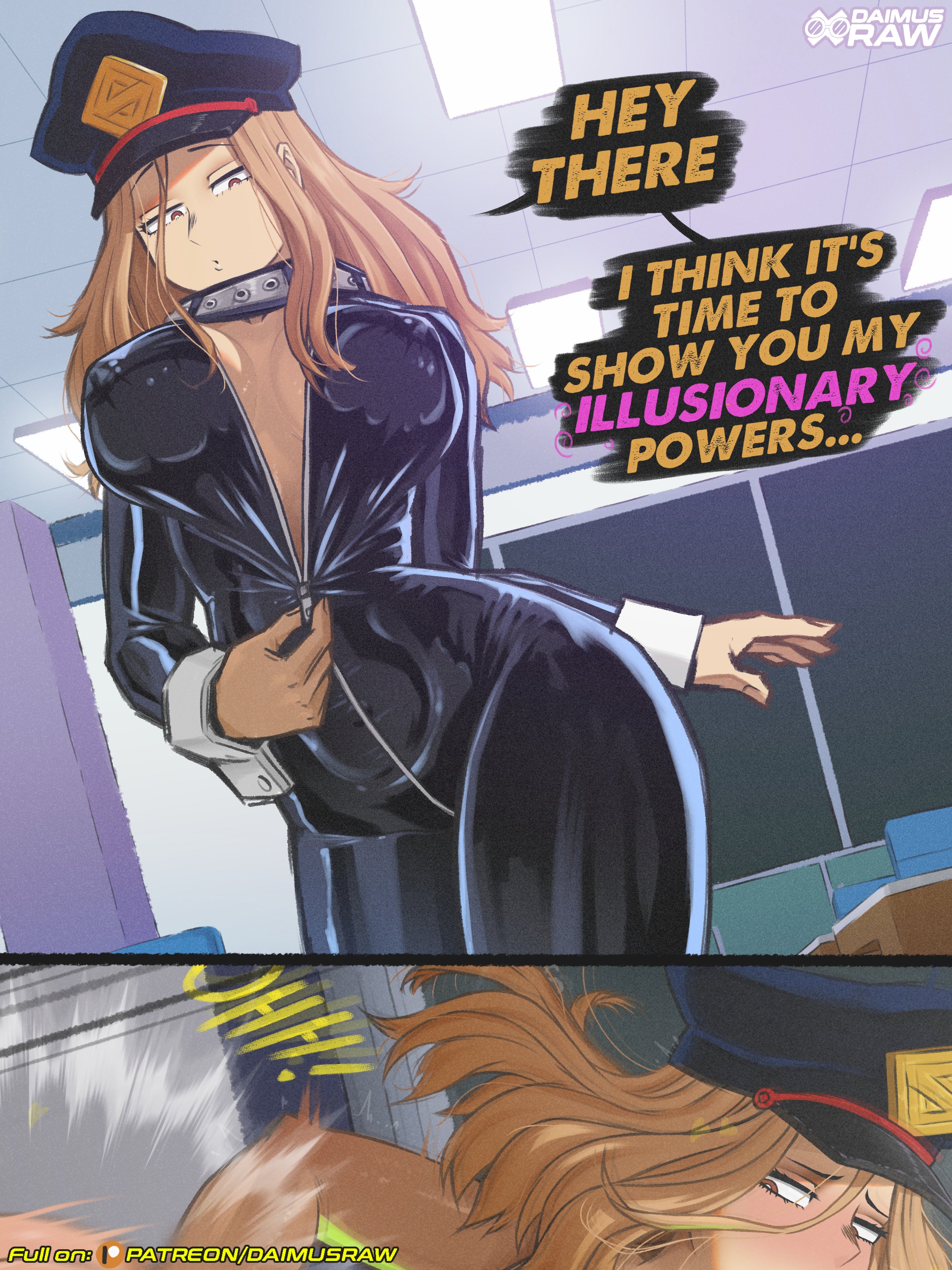 1girls, big, big breasts, blonde hair, blonde-haired female, boku no hero academia, camie utsushimi, classroom, cowgirl position, daimusraw, hat, latex, my hero academia, school, school uniform, teenager, utsushimi camie