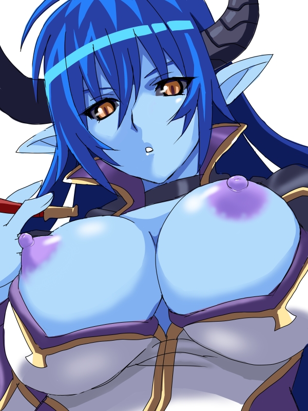 asmodeus_(shinrabanshou) blue_hair blue_skin breast_slip breasts choker clothing demon_girl demon_horns horns large_breasts nipples nishina nisina open_clothes open_shirt pointy_ears purple_nipples shinrabanshou shirt solo upper_body yellow_eyes