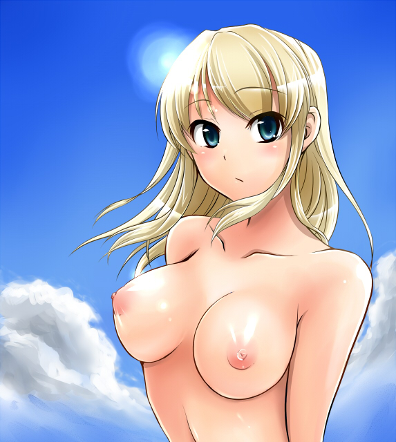 blonde_hair blue_eyes breasts long_hair nipples original pochi_(pochi-goya) puffy_nipples sky