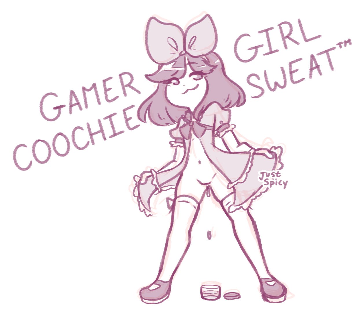 :3, 1girls, 2d, bottomless, bow, dripping pussy, english text, female, female only, human, human female, human only, justspicy, mishy (justspicy), monochrome, pussy juice, smile, smug, solo, text