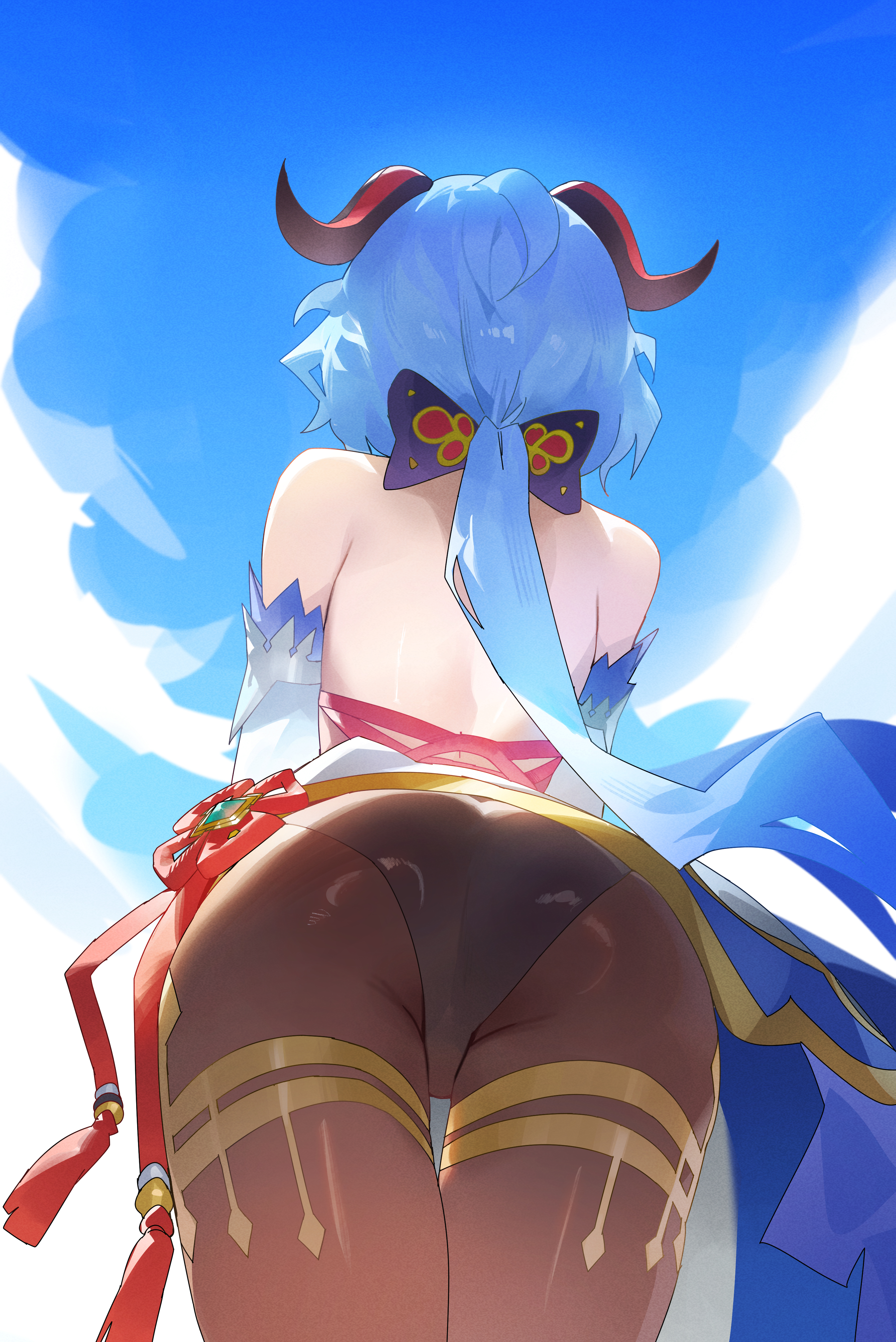 ass, bare back, black tights, blue hair, clothed, doksyuri, female, ganyu (genshin impact), genshin impact, low angle, mihoyo, solo, thick thighs, tights, wide hips, worm's-eye view