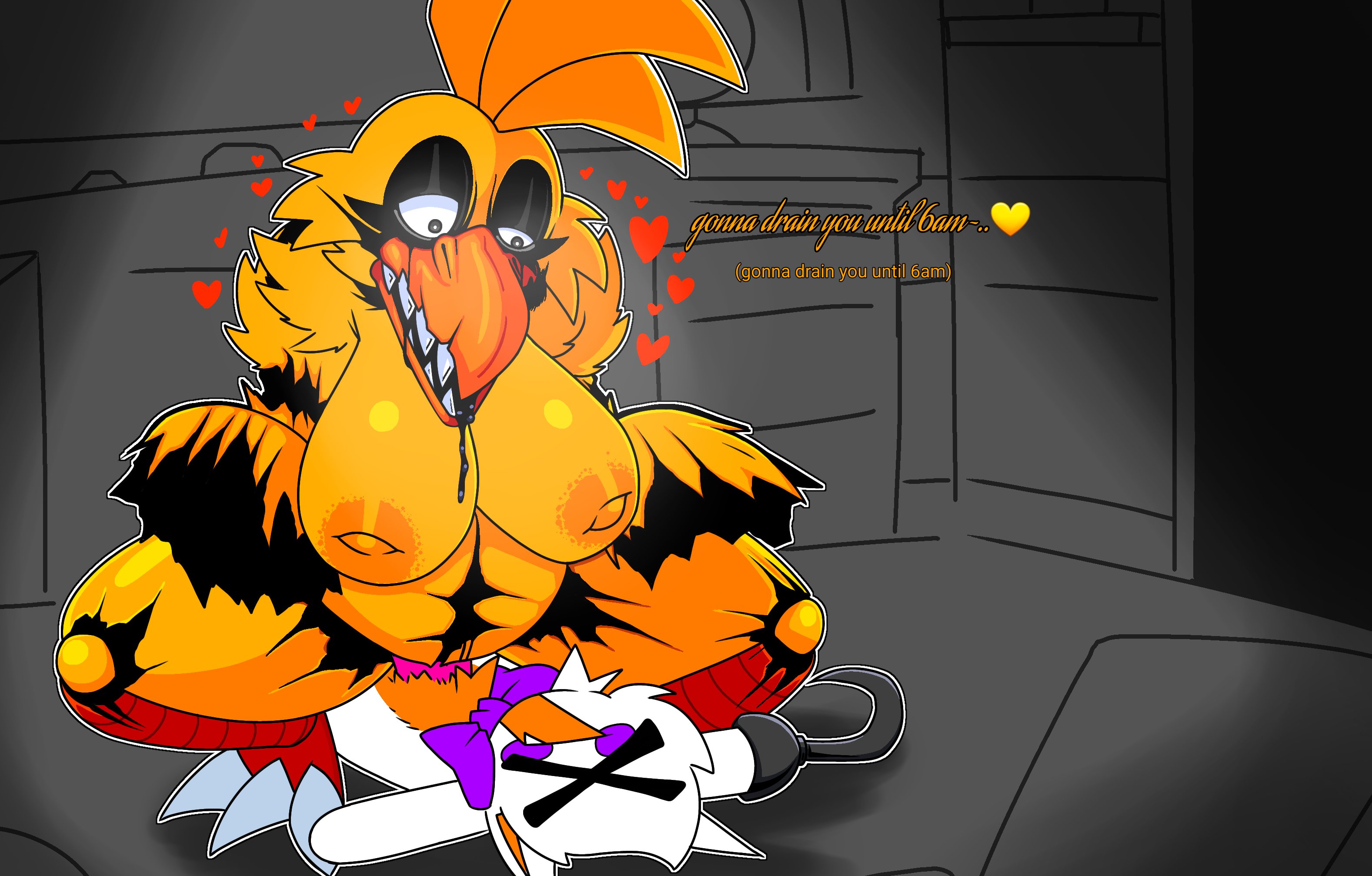 1boy, 1girl, animatronic, anthro, anthro on anthro, anthro only, armless, beak, big breasts, big female, big thighs, bigger female, boobs, boobs out, breasts, breasts out, broken, chica (fnaf), chicken, chubby, chubby anthro, chubby belly, chubby body, chubby female, clawed feet, closed eyes, cock, cowgirl position, dick, digital drawing (artwork), digital media (artwork), dominant, dominant female, domination, drool, drooling, eyelashes, fangame, female, five nights at freddy's, five nights at freddy's 2, five nights at frickbears, five nights at frickbears 3, floor, floor sex, fnaf, fnaf fangame, fox, furry, furry female, furry only, gooey ghosty, gooey ghosty (artist), hair, heart, hearts around head, hi res, highres, hook, hook hand, larger female, lolbit (fnaf), lolbit (frickbears), looking down, looking down at partner, mascot horror, no arms, office, on ground, open mouth, penis, penis in pussy, purple bowtie, purple cheeks, pussy, riding, riding penis, scottgames, sex, sex on floor, sexy, sexy female, sharp teeth, slightly chubby, slightly chubby anthro, slightly chubby female, small cock, small dick, small penis, small penis adoration, smaller anthro, straight, teeth, teeth showing, text, thick, thick thighs, white body, white fur, withered chica, withered chica (fnaf), yellow body, yellow fur, yellow hair